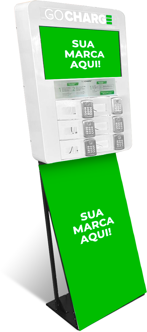 Totem GoCharge com monitor para mídia digital, seis compartimentos com fechadura por senha e base personalizável